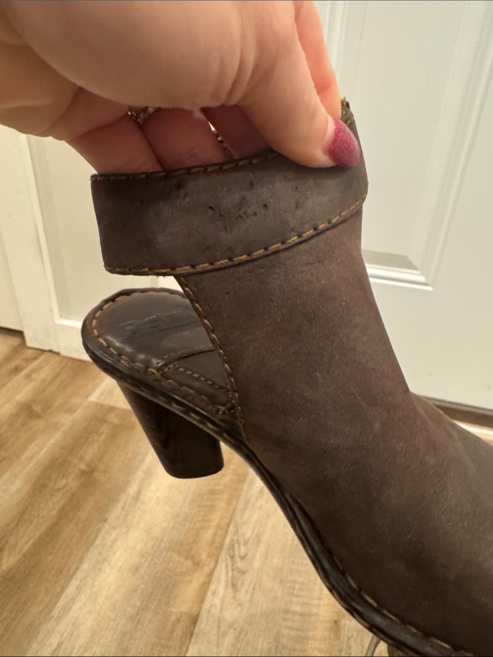 Born Brown Leather Chunky 3” Heel Buckle Sling-back Mules - Picture 12 of 16